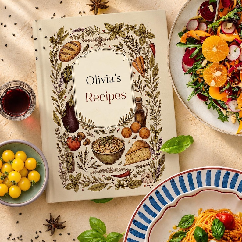 May include: A hardcover cookbook titled Olivia's Recipes with a cream-colored cover featuring a detailed botanical and food illustration border including bread, vegetables, herbs, and a bowl of pasta, surrounded by bowls of salad and pasta.