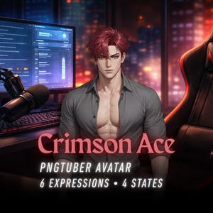 May include: Digital illustration of a male avatar with red hair and a gray button-down shirt. The text "Crimson Ace" is displayed in a pink font. The image also includes the text "PNGTUBER AVATAR, 6 EXPRESSIONS • 4 STATES". A microphone and computer are visible.