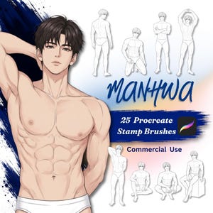 Manhwa Athlete Pose Stamps for Procreate | Muscular Anime Male Character Brushes (PNG Files)