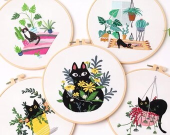Cat Embroidery Kit DIY, Black Cat Botanical Hoop Art