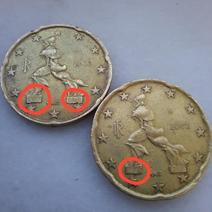 Monete da 20 centesimi in euro, Italia, 2002, set con errore di conio (2 pezzi)