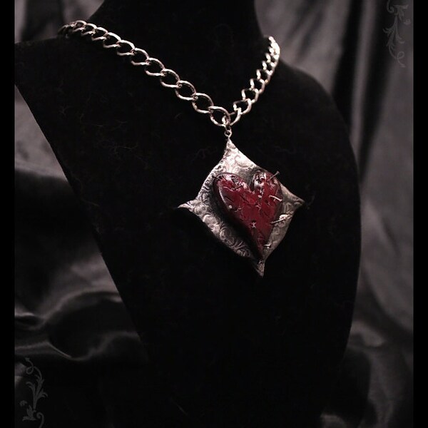 Gothic necklace heart goth wine red black silver filigree stabbed nail heart hand sculpted and painted chained jewelry necklace