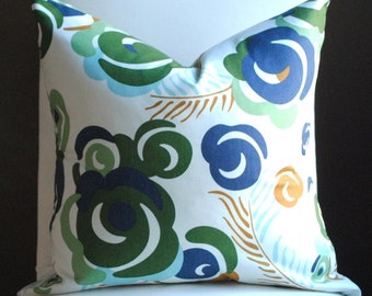 Ready to Ship-Beautiful Decorative Pillow Cover-20x20-Ultramarine- BOTH SIDES-Designer Fabric- Blue, Aqua, Green & Camel