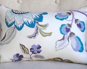 Ready to Ship-Decorative Pillow Cover -Jacobean-14x20-LINEN- Purple-Teal-Aqua-Gray-Olive Green-White
