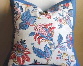 Ready to Ship-Designer Pillow Cover-Jacobean Floral with Blue Linen 2.5" Border - 22x22-Blue Pillow - Melon Pillow