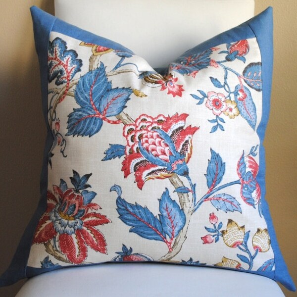 Ready to Ship-Designer Pillow Cover-Jacobean Floral with Blue Linen 2.5" Border - 22x22-Blue Pillow - Melon Pillow