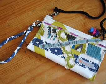 NEW!- Small Purse- Small Bag-8"x4.3/4"-Wristlet-Designer Fabrics-Crossbody Strap-Green-Blue-Magenta