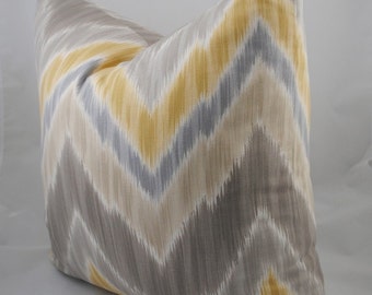 Ready to Ship-Beautiful Decorative Pillow Cover-20x20 Ikat -Cheveron Print- Designer Fabric-Grays, White & Golds