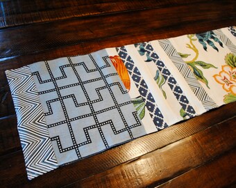 NEW! Table Runner-Ready to Ship- Holiday-Blue-Orange-White-Home Decor-Thanksgiving-Designer-70x13.5