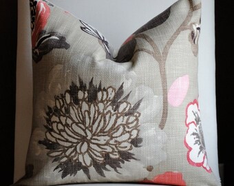 Ready to Ship-Decorative Pillow Cover -20x20- FLORAL-Jelly Bean-Accent Pillow-Toss Pillow-- Pink, Red, Brown and Taupe