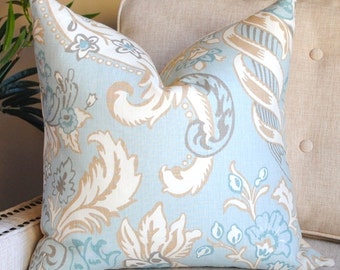 Ready to Ship-Beautiful Decorative Pillow Cover-Floral-20x20- Royale- LINEN- Blue-Cream