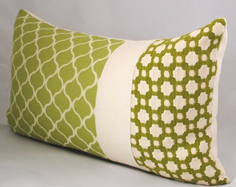 NEW! Beautiful Decorative Pillow Cover-12x20-COTTON-Betwixt-Grass/Ivory-Color Blocked