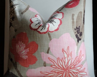 Designer Pillow Cover -20x20- FLORAL-Jelly Bean-Accent Pillow-Toss Pillow-Pink Pillow Red, Taupe-SPRING
