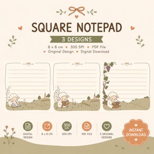 Könnte beinhalten: Quadratischer Notizblock, 8 x 8 cm, mit drei Designs. Die Illustrationen zeigen Schafe in einer ländlichen Umgebung. Der Text lautet "SQUARE NOTEPAD" und "3 DESIGNS".