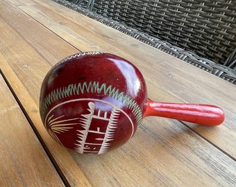 Vintage Handmade Maraca from Ecuador, Hand Carved Gourd Folk Art Instrument