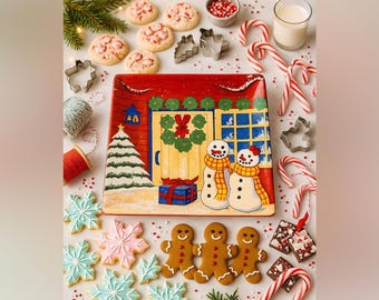 Nantucket Home Christmas Platter Snowman Porch, Holiday Square Serving Plate