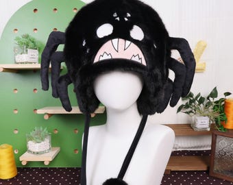 Spider Plush Winter Hat Handmade Faux Fur Animal Hat with Ear Flaps Windproof Thick Warm Furry Hat for Women Men Cosplay Costume Accessory