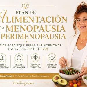 Puede incluir: Imagen que promociona un plan de nutrición para la menopausia y la perimenopausia. El texto dice "Plan de Alimentación para Menopausia y Perimenopausia" con texto adicional sobre el equilibrio hormonal. Una mujer con una blazer blanca sostiene un cuenco de ensalada con ingredientes frescos.