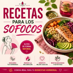 Puede incluir: Imagen promocional con texto en español, que presenta un bol de comida con salmón, aguacate y otros ingredientes. El texto dice "RECETAS PARA LOS SOFOCOS" y promueve recetas para el bienestar hormonal. Texto adicional incluye "ALIVIA DE FORMA NATURAL" y otros beneficios relacionados con la salud.