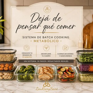 Puede incluir: Contenedores de vidrio para almacenar alimentos llenos de diversos alimentos cocinados, incluyendo granos, verduras y pollo. La imagen presenta texto en español que promueve un sistema de cocina por lotes. Los contenedores están apilados.