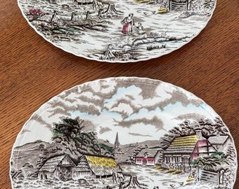 Pratos Vintage Myott Staffordshire – Par de Pratos em Decalque Marrom com Cena Rural – Inglaterra