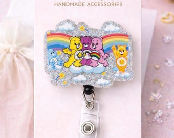 Porta badge glitterato a forma di orsetto arcobaleno, porta badge retrò kawaii, accessorio da lavoro