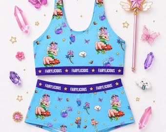 Blaue Fee Lounge Set | Fairycore Nachtwäsche | Frauen Bralette & Boyshort Set | Feenhaftes Original