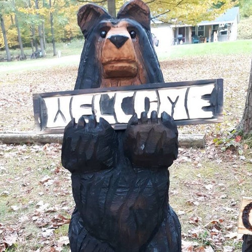 36 Chainsaw Carved Bear Holding a Carved Sign Etsy