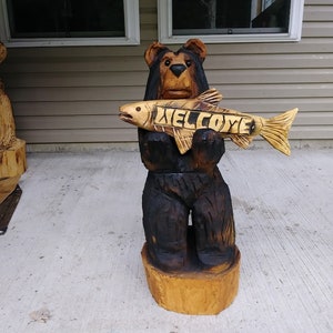 30" Chainsaw Carved Black Bear with Fish with Free Customized Lettering