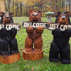 24" Chainsaw Carved Bear Holding A Carved Welcome Sign