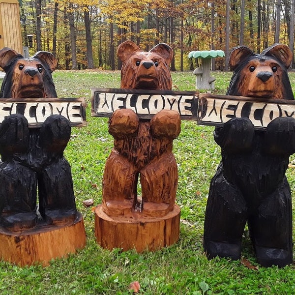 24" Chainsaw Carved Bear Holding A Carved Welcome Sign