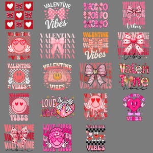 May include: A selection of Valentine's Day designs with bows, hearts, and smiley faces. The designs include the words "Valentine" and "Vibes" in different fonts and styles, using a colour scheme of pink, red, and white.