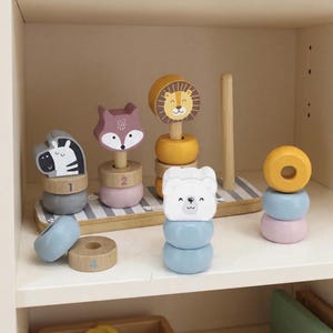 Montessori Wooden Stacking Toy • Stacking Blocks • Pastel Animal Counting Toy • Wooden Rings for Toddlers • Educational Gift • Montessori