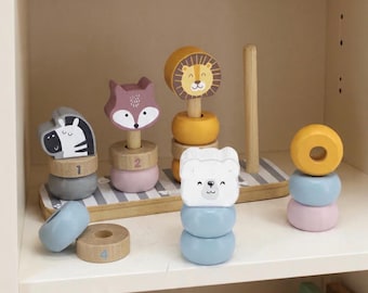 Montessori Wooden Stacking Toy • Stacking Blocks • Pastel Animal Counting Toy • Wooden Rings for Toddlers • Educational Gift • Montessori