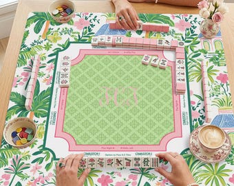 Preppy Pink & Green Island Tropical Palm Tree Mahjong Mat - Tropical Palm Beach Mahjong Mat - Palm Beach Chic Custom Monogram Mahjong Mat