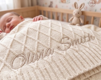 EMBROIDERED Custom Organic Cotton Knit Baby Blanket, Personalized Infant Name Keepsake, Unique Newborn Shower Gift, Trendy New Baby Blanket.