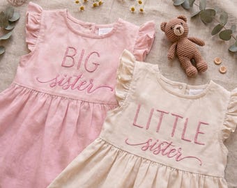 Embroidered Matching Big And Little Sister Dress, Toddler Linen Outfit, Floral Kid Clothing, Baby Keepsake, Birthday Gift For Big And Sister