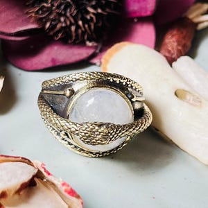 Wheel of Time Ring: Moonstone Aes Sedai Serpent, Antique Brass