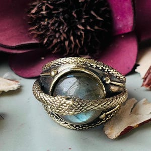 Labradorite Snake Ring | Antique Brass Ouroboros, Wheel of Time Inspired