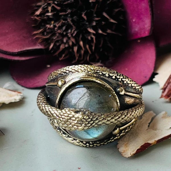 Labradorite Snake Ring | Antique Brass Ouroboros, Wheel of Time Inspired