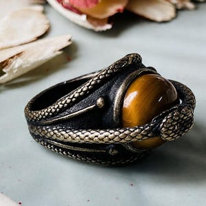 Può includere: Primo piano di un anello con una grande pietra ovale color ambra. L'anello è scuro con un design a forma di serpente che avvolge la pietra. Lo sfondo è un verde-azzurro chiaro con materia vegetale secca sparsa.
