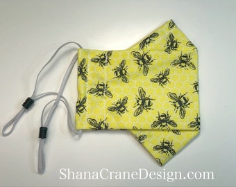 Adult Cotton Adjustable Face Mask . Yellow Bees Pattern