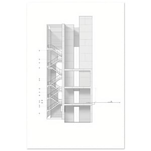 May include: Architectural drawing of a building section, rendered in grayscale. The drawing shows a staircase, exterior walls, and interior spaces. The design includes measurements and is presented on a white background.