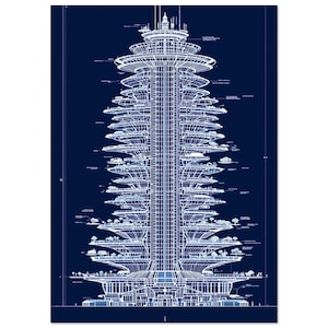 Futuristic arcology megastructure blueprint illustration, sci-fi architectural line drawing wall art | A4 A3 50x70 cm