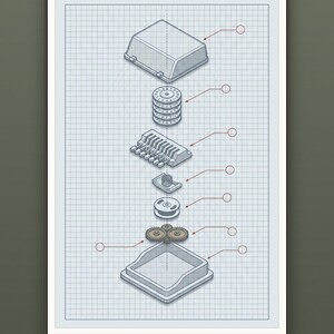 Exploded view cipher machine with rotor discs and gear train, blueprint technical drawing, home office art