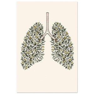 Pode incluir: Ilustração artística de pulmões, composta por folhas verdes e cinzentas, sobre um fundo creme. Os brônquios são castanhos. Esta obra de arte inspirada na natureza é adequada para decoração de interiores.