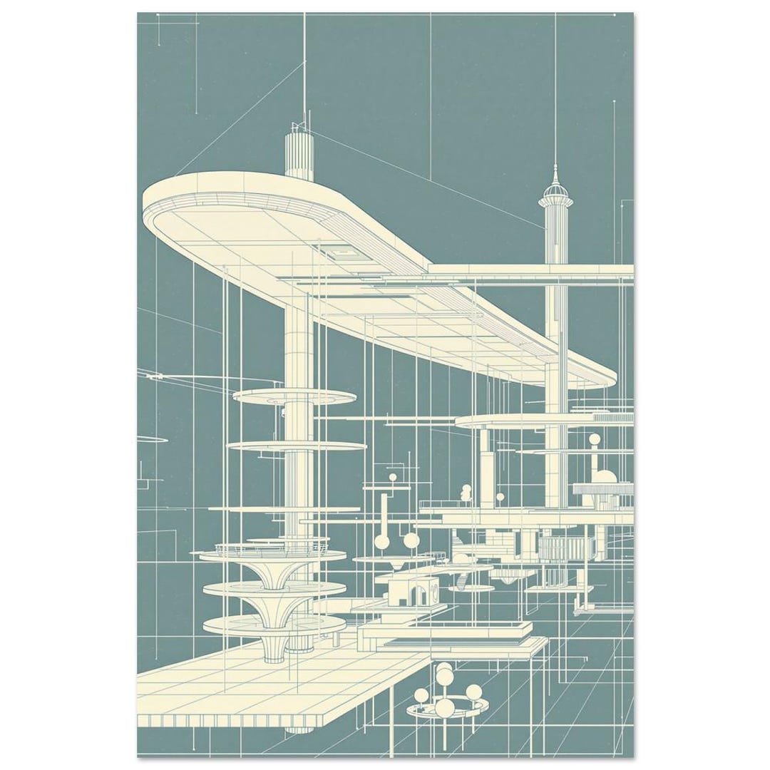 Futuristic Building Blueprint Wall Art Retro Futurist Architectural ...