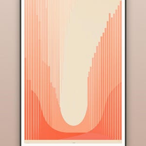 May include: A framed vertical wall art print featuring a series of vertical coral and peach-colored bars of varying heights arranged in a U-shaped pattern against a cream background. The text at the bottom reads MULTIPLE SIZES · INCHES & CM.