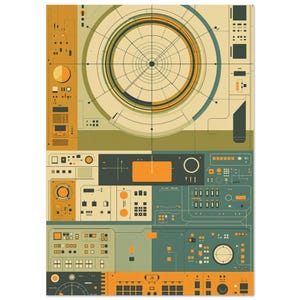 レトロな宇宙コントロールパネルの壁アートミッドセンチュリーモダン抽象宇宙船図プリント | A4 A3 50 x 70 cm