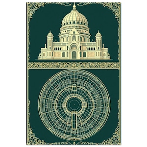 May include: A detailed architectural illustration featuring a domed building and a circular diagram. The image is rendered in shades of gold and cream against a dark teal background, with decorative borders.